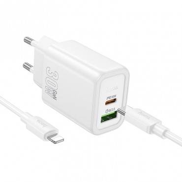 Charger Hoco N63 30W GaN USB-C/USB-A + USB-C to Lightning cable 1.0m white