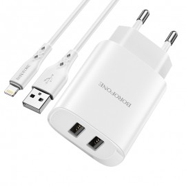 Toalaadija / USB Adapter Borofone BN2 2xUSB 2.1A + micro USB juhe, valge