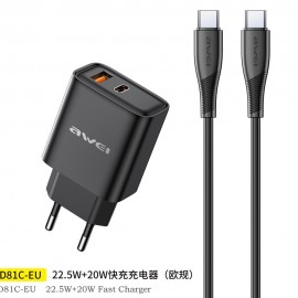 Charger Awei PD81C-EU USB-A/USB-C + USB-C to USB-C cable black