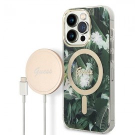 Komplekt Guess ümbris + laadija iPhone 14 Pro Max 6,7" roheline ümbris Jungle MagSafe GUESS/ Set Guess case + charger iPhone 14 Pro Max 6.7" green case Jungle MagSafe GUESS